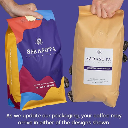 Sarasota Coffee Ground Cubano European French Roast | Dark Roast Gourmet Coffee Grounds | Low Acid, Mold Free, Specialty Grade Bulk Ground Coffee | 5lb (80 oz)
