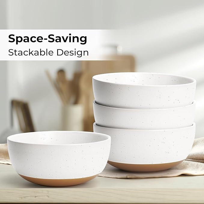 MIAMIO β Set of 4, 28 Ounce Ceramic Soup Bowls/Cereal Bowl Set for Salad, Oatmeal, Fruit, Rice β Dishwasher & Microwave Safe β Aura Collection (Creamy Cocoa, Bowls (4x))