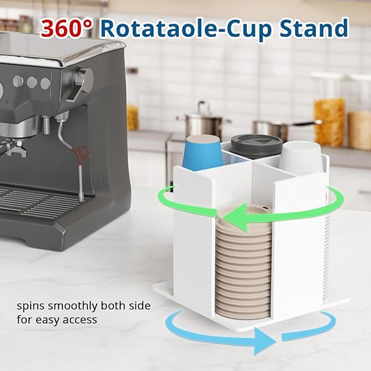 Cup and Lid Holder, 4 Compartment, Square | Rotating Coffee Cup Dispenser Lid Carousel for Restaurant, Buffet, Coffee Station, Bar, Countertop, White Acrylic