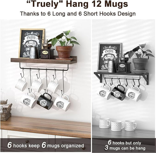 Coffee Mug Holder Organizer 2 Pack with 12 Mug Hooks Mug Rack Wall Mounted with Coffee Bar Sign Farmhouse Coffee Accessories and Organizer with Metal Basket Floating Shelves for Wall Weathered Walnut