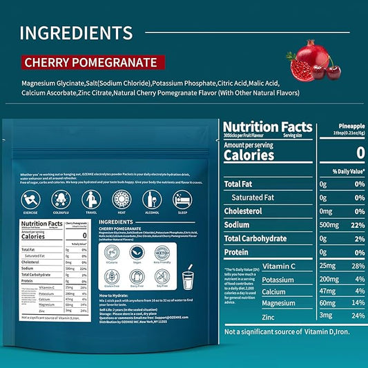 Electrolytes Powder Packets, 30 Sticks Hydration Packets Sugar Free, Electrolyte Drink Mix Portable Electrolyte Packets for Rapid Hydration, 0 Sugar & 0 Calorie, Cherry & Pomegranate Flavor