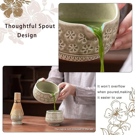 Matcha Whisk Set, Ceramic Matcha Set Includes Matcha Bowl, Matcha Whisk and Holder, Bamboo Scoop, Scoop Rest, Sifter and Tea Towel - 7 Pcs Matcha Kit for Matcha Lovers (Mottled Green)