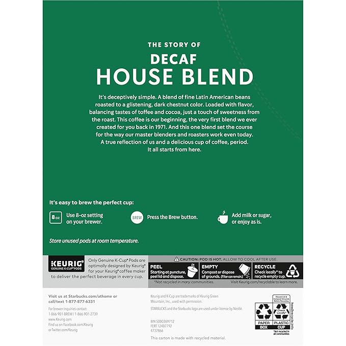 Starbucks K-Cup Coffee Pods, Medium Roast Coffee, Decaf House Blend for Keurig Coffee Makers, 100% Arabica, 1 box (22 pods)