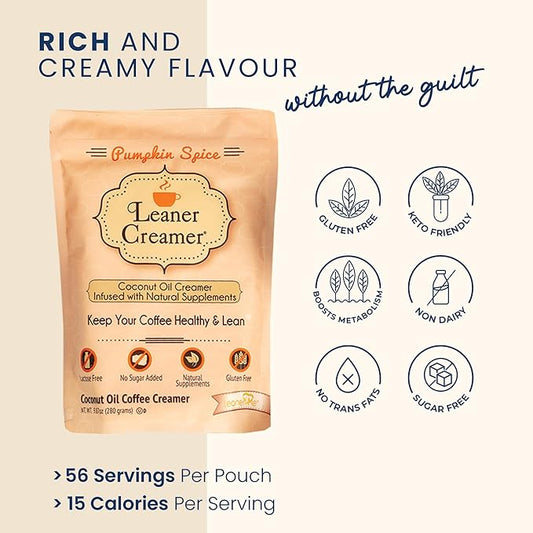 Leaner Creamer Coconut Creamer with Superfood Ingredients – Non-Dairy, Sugar-Free, Keto, Gluten-Free Powdered Coffee Creamer – Pumpkin Spice – 280g