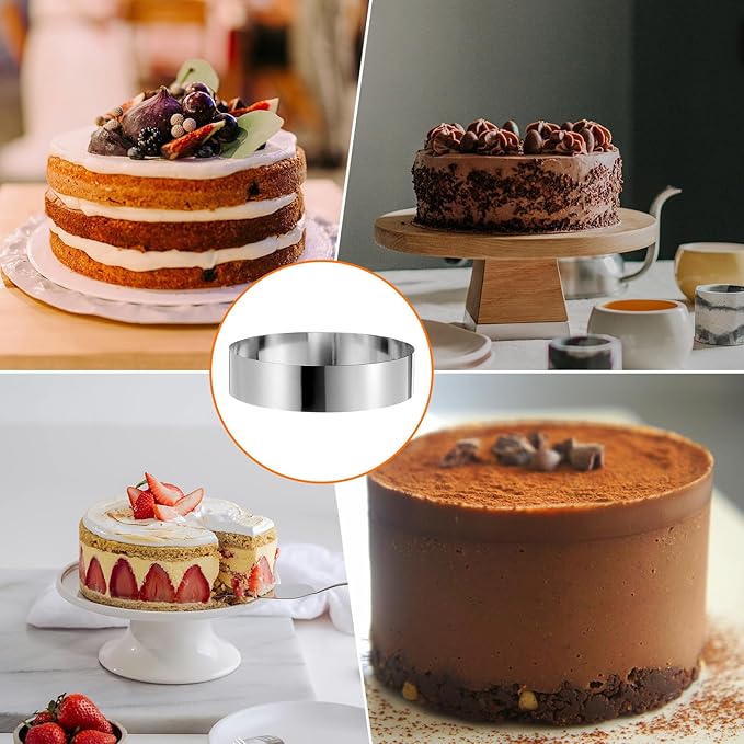 HARFINGTON Round Cake Ring 8 x 2 Inch Seamless Stainless Steel Pastry Mousse Dessert Ring Mirror Coating for Baking Cooking Making Tool