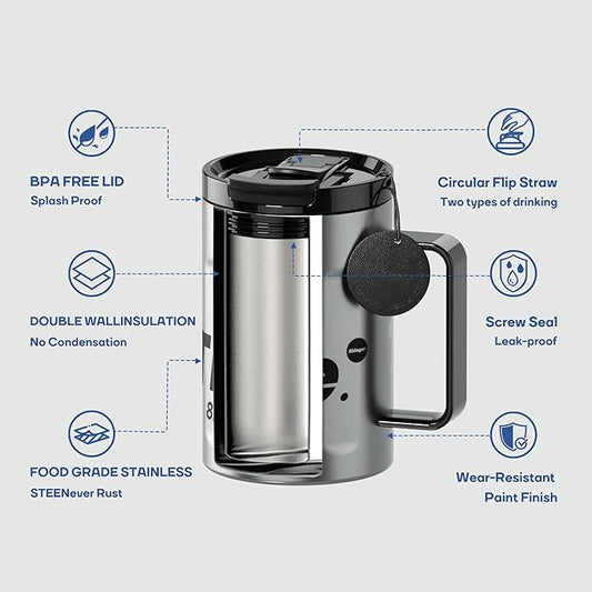 Sidagar+ 18 OZ z Stainless Steel Insulated Coffee Mug with Handle and Lid, Double Wall Vacuum Travel Mug, Tumbler Cup with Sliding Lid, Resuable Insulated Coffee Tumbler, Silver