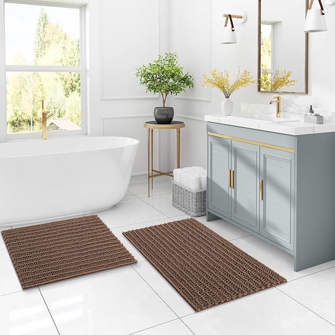 Arotive Luxury Chenille Bathroom Rug Mat, Extra Soft Thick Absorbent Shaggy Bath Rugs, Non-Slip Machine Wash Dry, Plush Bath Mats for Bathroom, Shower and Tub, 36x24, Mocha