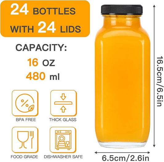 CUCUMI 24pcs 16oz Glass Juice Bottles with Lids, Reusable Vintage Glass Drinking Bottles with Blank Labels, Brush, Straws, Funnel for Storing Tea, Kombucha, Milk