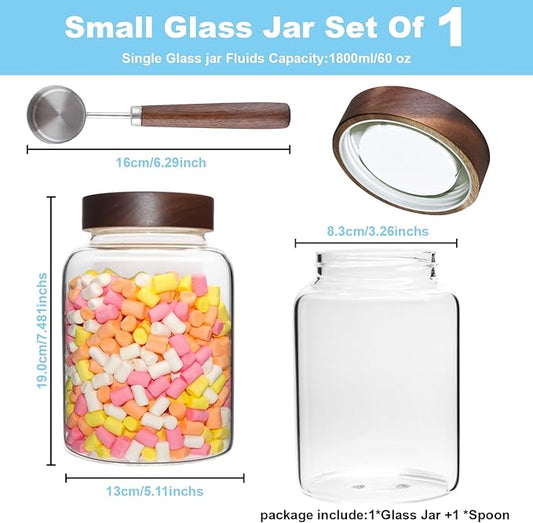 Glass Coffee Jars Spice Jar Round Storage Canister with Wooden Lid Clear Glass Food Jar for Pantry Sugar Tea Coffee Bean Spice Nuts Cookies Bath Salts (1800ml/60oz-2PACK(with spoon))