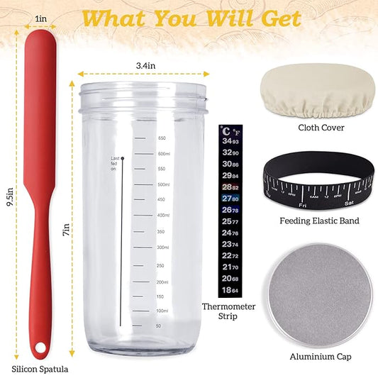 24 OZ/2 Pack Pro Pack Pro Sourdough Starter Kit – Extra Thermometer Strips and Breathable Covers Included in Sourdough Starter Jar – A Perfect Sourdough Bread Starter Kit for Beginners to Expert
