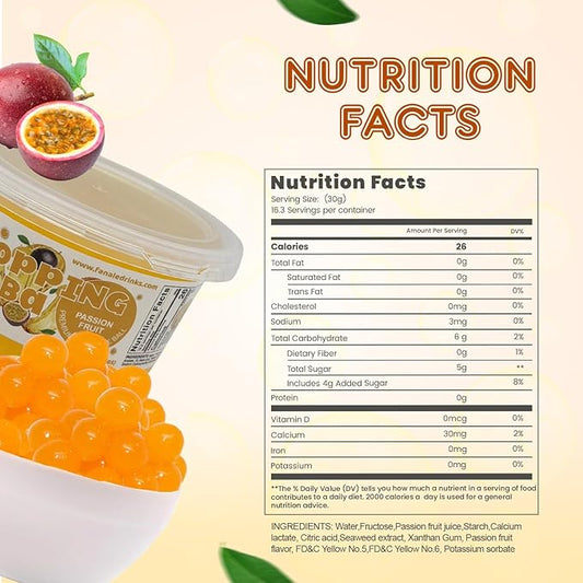 Fanale Passion Fruit Popping Boba Pearls, Vegan, Non GMO, Gluten Free, Fat Free, Perfect for Bubble Tea, Smoothies, Ice Cream, Desserts, and Beverages.