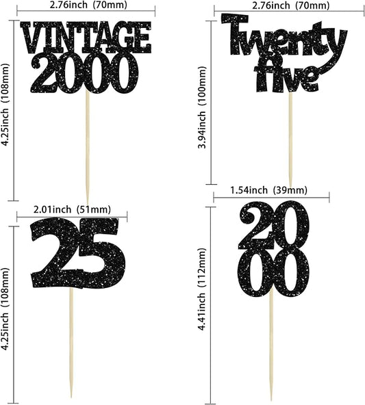 Gyufise 24Pcs 25th Birthday Cupcake Toppers Glitter Twenty-five Vintage 2000 Cheers to 25 Cupcake Picks Hello 25 Years Birthday Cake Decoration for Happy 25th Birthday Anniversary Party Supplies Black