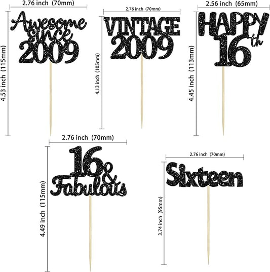 Gyufise 30Pcs Vintage 2009 Cupcake Toppers Glitter Sweet 16 Happy 16th Birthday Cake Decorations for Happy 16th Birthday Fabulous Anniversary Party Supplies Black