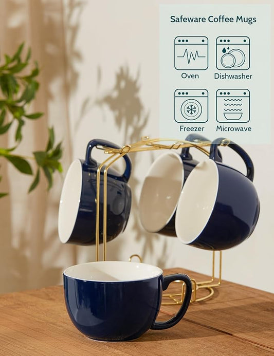 Teocera 16oz Large Coffee Mugs Set of 4 - Thick White Porcelain Cups for Cappuccino, Latte, Tea & Hot Chocolate - Dishwasher Safe Ceramic with Comfort Grip Handles(Navy