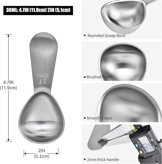 Doosu 2 Tablespoon Coffee Scoop - 18/8 Stainless Steel Heavy Duty Measuring Spoon with Short Handle, Food Grade Metal Tbsp Scoop for Ground Coffee Beans Tea Sugar Powder (30ml)