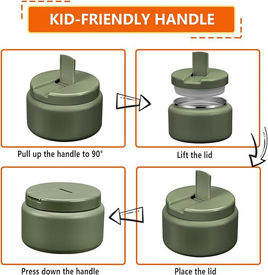 13.5oz Kids Thermos for Hot Food, Insulated Vacuum Food Jar with Buckle Lid, Stainless Steel Wide Mouth Leak Proof Insulated Lunch Container for School Picnic Travel, Green