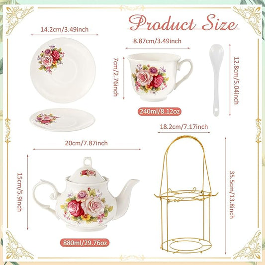 Zhehao 20 Pcs Porcelain Tea Set with Metal Holder and Spoon Adult Ceramic Tea Party Set European Flower Painting Teapot Cup Saucer Spoon for Women, Large Version(Modern Style)