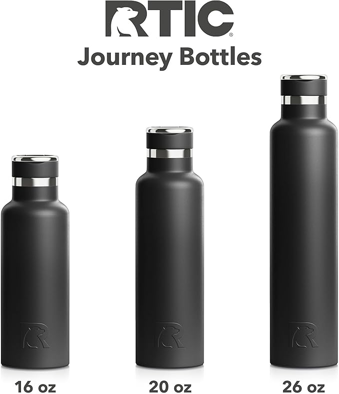 RTIC 16oz Journey Bottle Metal Stainless Steel Vacuum Insulated, BPA Free, Reusable, for Water, Hot and Cold Drinks, Travel, Sports, Camping, Black