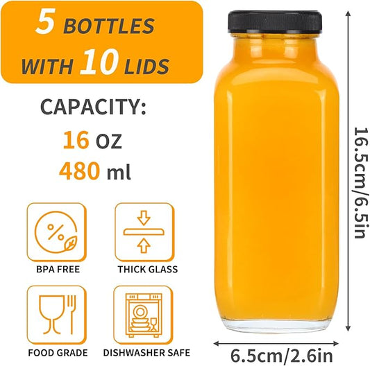 CUCUMI 5pcs 16oz Glass Juice Bottles with Lids, Reusable Juice Containers Drinking Jars Water Cups with Brush, Glass Straws, Lids with Hole