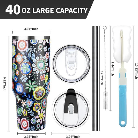 40 oz Tumbler with Lids and Straws, Stainless Steel Insulated Coffee Tumbler, Double Wall Vacuum Insulated Travel Mug Cup, Leakproof Thermal Coffee Cup for Hot and Cold Drinks (Flower)