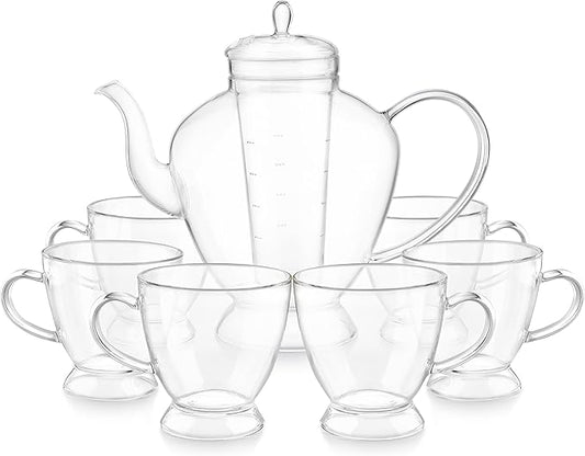 Teabloom Grand Bouquet Borosilicate Glass Tea Set for Six – Elegant 50oz Teapot with Microdot Infuser & Six 8oz Teacups – A Pure & Immersive Tea Experience – Tea Purist's Choice