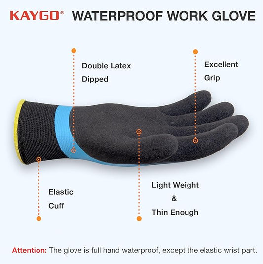 KAYGO Waterproof Work Gloves for Men and Women, Rubber Coated Non-slip Working Gloves for Garden, Outdoor Construction,KG150 (Sky Blue,L)