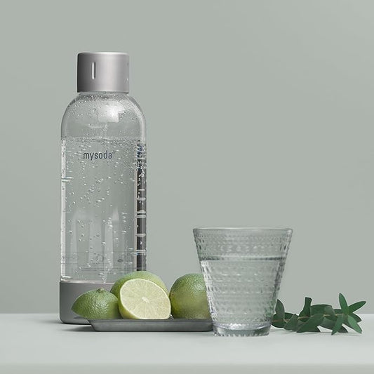 Mysoda Premium Carbonating Bottle 1L Silver - Compatible with MySoda and any brands - Quick-Lock Reusable Bottles - Lid and Base Made of Stainless Steel - BPA Free