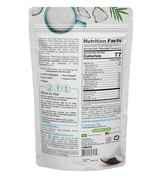 Essenzefruits Pure Organic Coconut Milk Powder - Premium Maltodextrin Free, No Sugar Added, Dairy Free, USDA Organic, Vegan, Keto & Paleo Friendly, No Additives, Pre Biotic Fibers, 27 Servings - 8 Oz