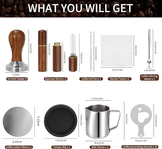 53.3mm Espresso Accessories Kit, 24PCS Coffee Tamper Set,Barista Kit, WDT Tool,stainlesss Frothing Pitcher, Stirrer, Tamper Mat, Latte Art Pen , Coffee puck screen