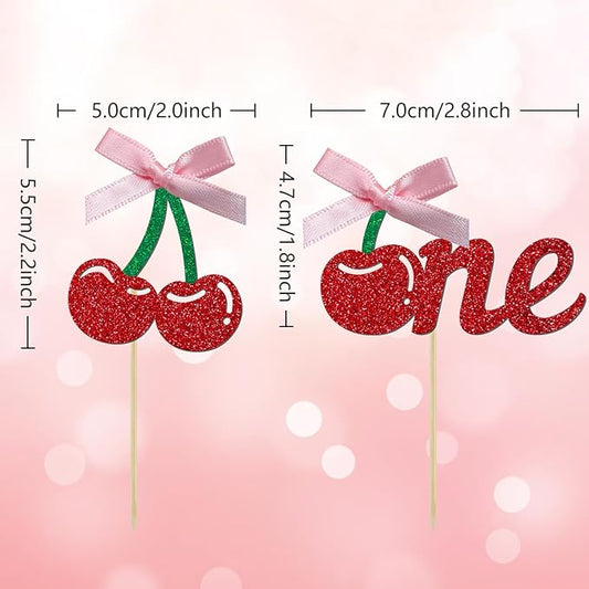 24 Pack Cherry 1st Birthday Cupcake Toppers, Glitter Cherry First Birthday Cake Pick for Fruits Theme One Birthday Party Cake Decorations Supplies (Ribbon One)