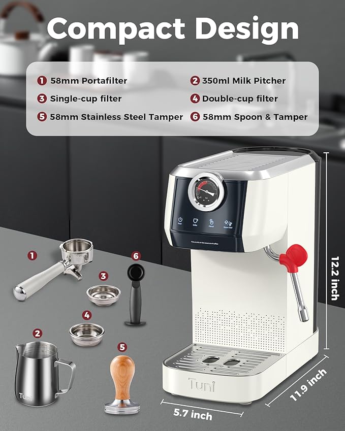 Tuni E2 58mm Espresso Machine 20Bar Espresso Maker, ๐๐ฎ๐๐ฅ ๐๐จ๐ข๐ฅ๐๐ซ Coffee Maker with 10mm Steam Milk Frother, Semi-automatic Coffee Machine with UKLA Pump for Espresso, Gift for Coffee Lover