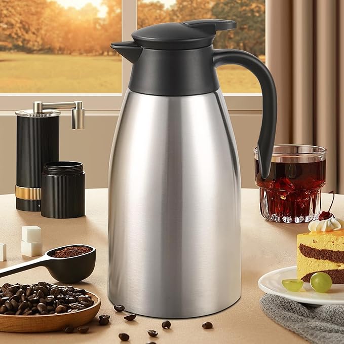 70oz Thermal Coffee Carafe, 2 Pack Airpot Insulated Coffee Urns Stainless Steel Vacuum Thermal Pot Dispenser for Coffee, Hot Water, Tea - Keep 12 Hours Hot, 24 Hours Cold (Silver)