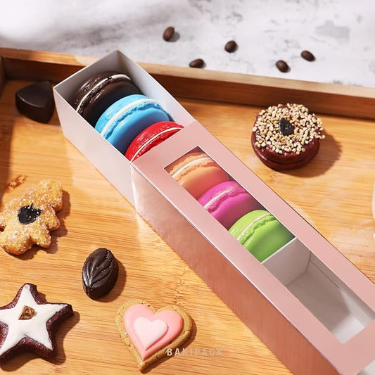 25 Rose Gold Macaron Boxes with Clear Window, Elegant Style, Holds 6 Macarons, 7.4" x 2" x 2"