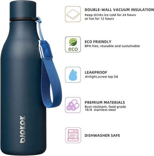 BJPKPK Insulated Water Bottles, 18 oz Stainless Steel Metal Water Bottle with Strap, BPA Free Leak Proof Thermos, Mugs, Flasks, Reusable Water Bottle for Sports & Travel, Navy Blue
