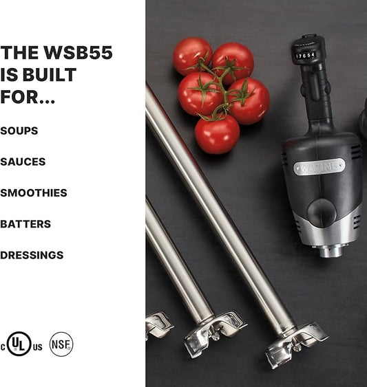 Waring Commercial Big Stix Heavy Duty Stick Immersion Hand Held Blender, 14" Removable Shaft, 1 HP, 750 Watt, Variable Speed Motor, Professional Restaurant Grade, 15 Gal Capacity, 120V, 5-15P WSB55, Black/Silver