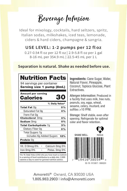 Amoretti - Pina Colada Beverage Infusion, (10 lbs) - Drink Mix & Water Enhancer with Pump for Flavoring Cocktails, Waters, Teas, Mocktails, and other Beverages, Preservative Free, Gluten Free