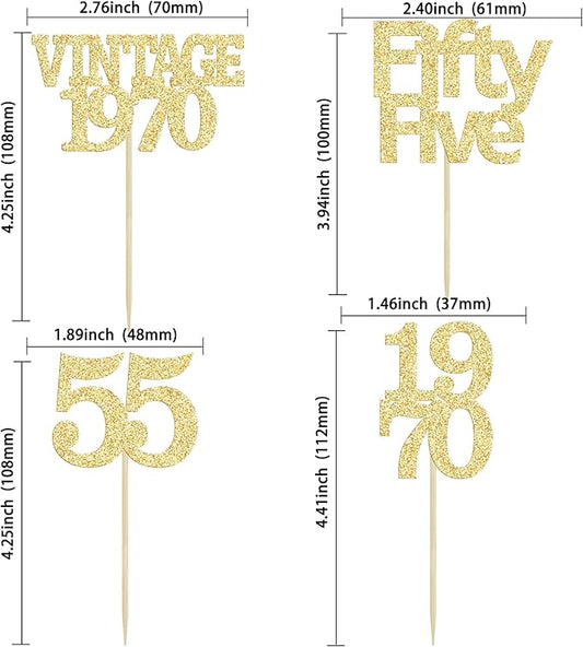 Gyufise 24Pcs 55th Birthday Cupcake Toppers Glitter Cheers to 55 Fabulous Fifty Five Vintage 1970 Cupcake Picks 55th Birthday Wedding Anniversary Party Cake Decorations Supplies Gold