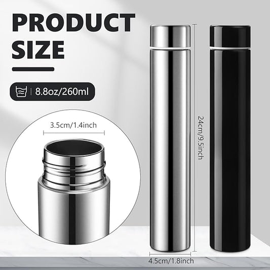 Vesici Slim Water Bottle 8.8 oz Small Stainless Steel Purse Compact Insulated Water Bottles Camping Travel Backpack Pocket Flask for Car Cold Coffee Tea(Silver, Black,2 Pack)