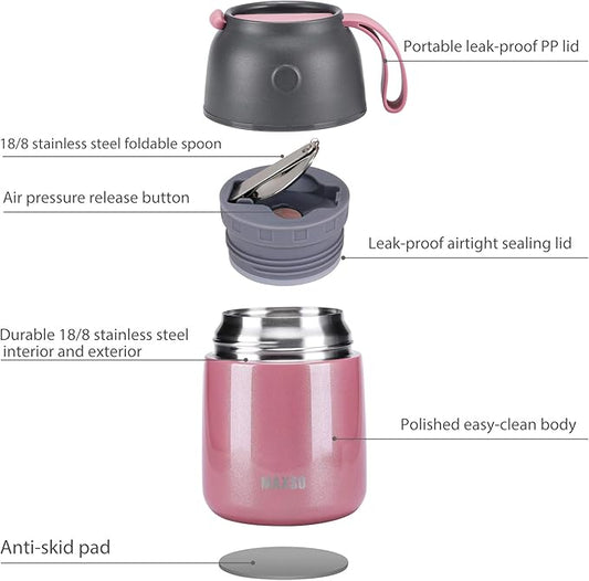 Insulated Food Jar for Hot & Cold Food for Kids Adult,17 oz Soup Thermo Hot Food Containers for Lunch, Triple Layer Insulation Stainless Steel Food Jar with Spoon (Pink)
