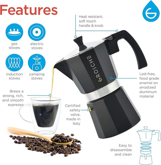 GROSCHE Milano Stovetop Espresso Maker Moka Pot 9 espresso Cup, 15.2 oz, Black. Cuban Coffee Maker Stove top coffee maker Moka Italian espresso greca coffee maker brewer percolator