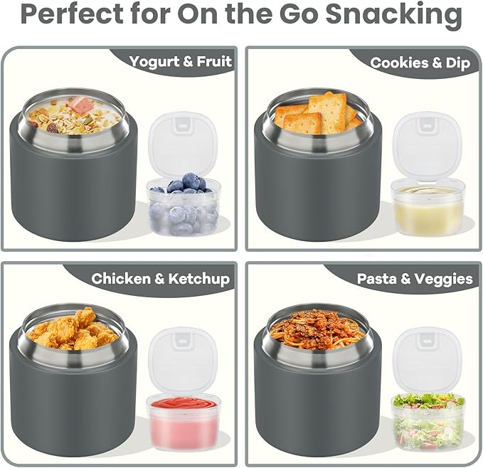 2-in-1 Insulated Food Jar & Snack Container - 15oz Kids Soup Thermos for Hot Food with Handle and Spoon, Leak Proof Reusable Toddler Snack Box, Perfect for School & Travel, Grey