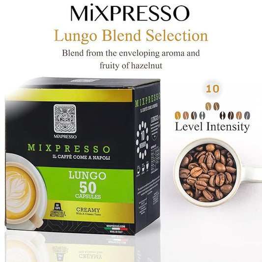 Mixpresso Lungo Coffee Espresso Capsules Compatible With Nespresso Original Brewers, Single Cup Coffee Pods 100% from Italy, Dark Roast 80% Arabica Espresso, 50 Count Coffee Capsule Intensity 10/12