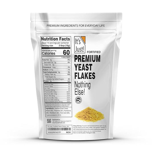 It's Just - Yeast Flakes, Nutritional Yeast, Premium Fortified w/Vitamin B, Nooch, Vegan Cheese Substitute (8 Ounces)