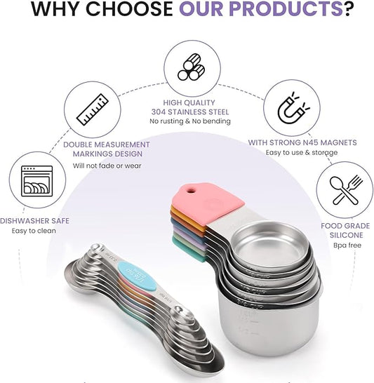 Magnetic Measuring Cups and Spoons Set-Heavy Duty 304 Stainless Steel,Double Measurement Markings,Set of 16 with Leveler for Measure Dry and Liquid Ingredients