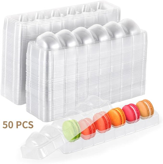 50 PCS Macaron Boxes, 6-Slot Dessert Cases for Macarons Small Cakes, Clear Plastic Macaron Storage Containers, Macaroon Packaging Display Trays for Cookie Wedding Party Gifts (8.9 x 2.0 x2.6in)
