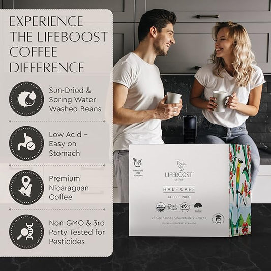 Lifeboost Half Caff Coffee K Cups - Low Acid Half Caff Coffee Pods - Single Origin Non-GMO Mold Free Pods Compatible with Keurig & Keurig 2 - No Mycotoxins or Pesticides - 10 Count