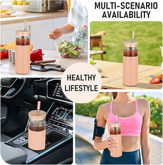Glass Tumbler w/Lids & Straw - 24oz Reusable Glass Mug/Bamboo Lid & Stainless Steel Straw-BPA Free, Leak-Proof, Dishwash Safe for Coffee, Smoothies, Hot Beverages, Travel, Office, Home Use,2-PK
