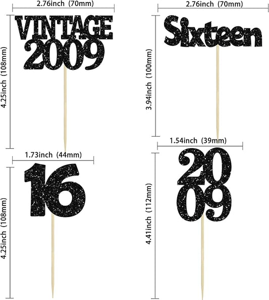 Gyufise 24Pcs 16th Birthday Cupcake Toppers Glitter Sixteen Vintage 2009 Sweet 16 Cupcake Picks Hello 16 Years Birthday Cake Decorations for Happy 16th Birthday Anniversary Party Supplies Black