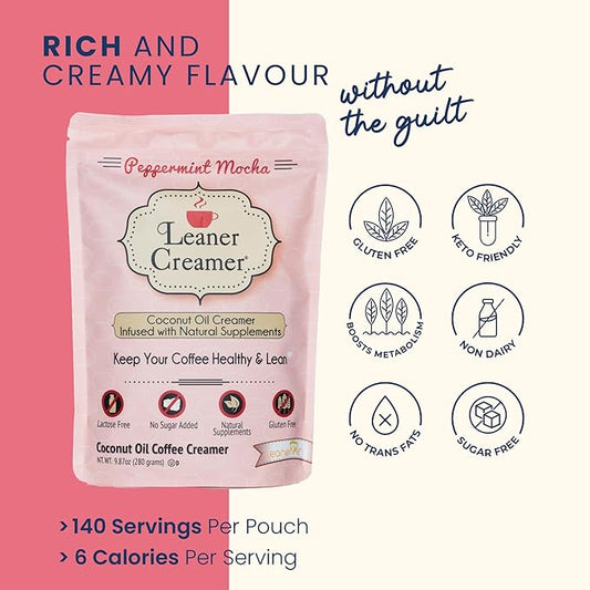 Leaner Creamer Non-Dairy Sugar Free Coffee Creamer Powder. Perfect Coconut Oil Non-Dairy Powder To Naturally Cream and Sweeten Coffee, Smoothies, Protein Shakes & More! Ideal Flavoring For All Diets 9.87 oz Pouch PEPPERMINT MOCHA