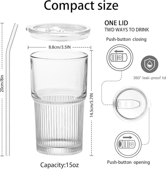 18.5oz Glass Cups with Lids and Straws - Set of 4 Reusable Tumblers, Thickened Shatter-Resistant Glass, Ideal for Iced Coffee, Smoothies, Cocktails, Juices - Elegant & Durable Drinkware